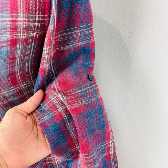 Cloth & Stone Blue Pink Red Plaid Mid Sleeve Raw Hem Button Down Tunic Dress - Picture 4 of 6